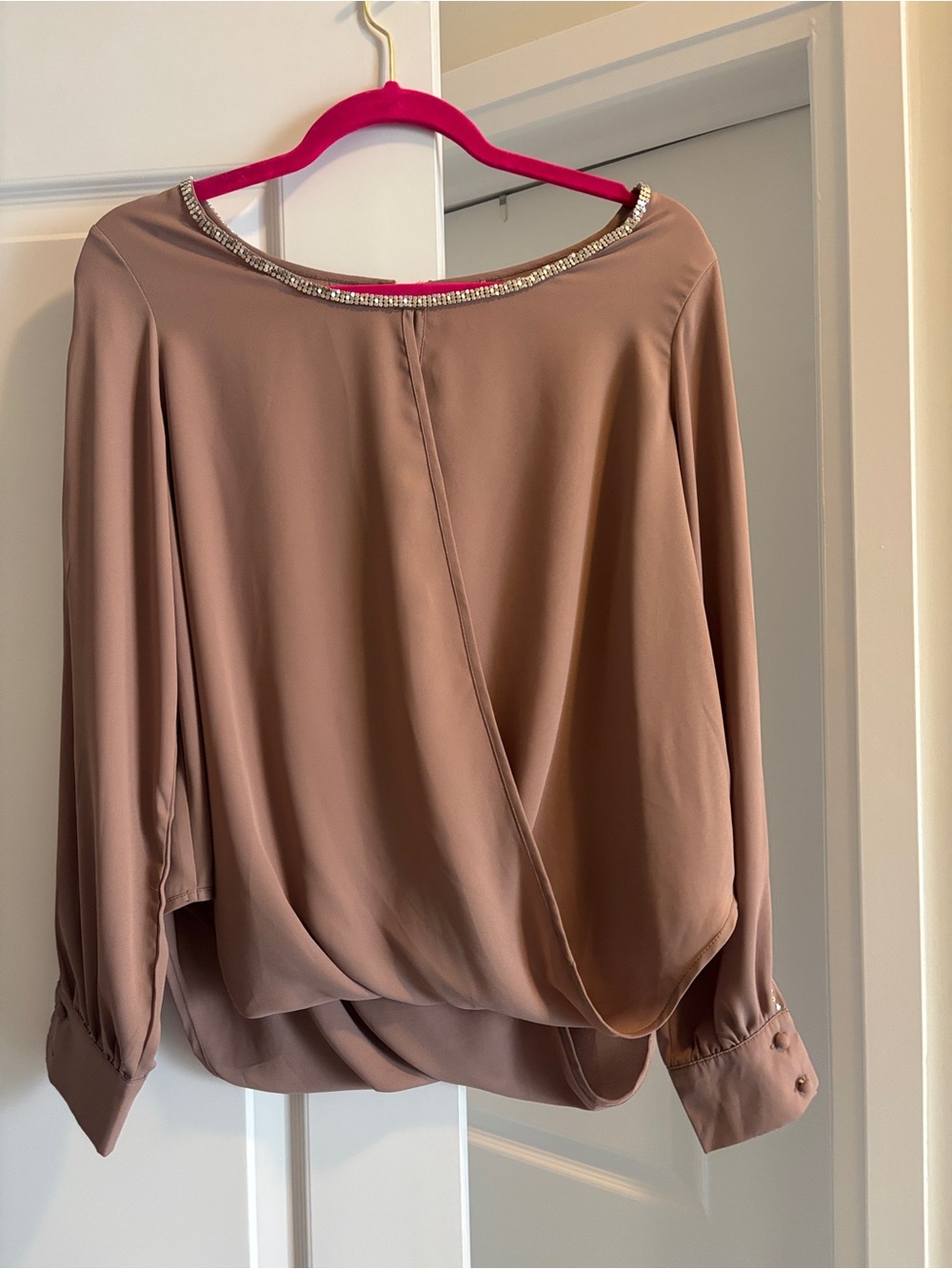 Women’s Taupe Draped Blouse with Embellished Neckline